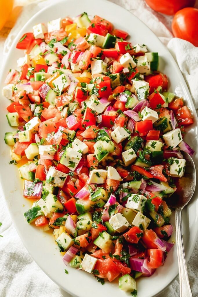 Colorful diced vegetable and feta cheese salad served on a white platter.