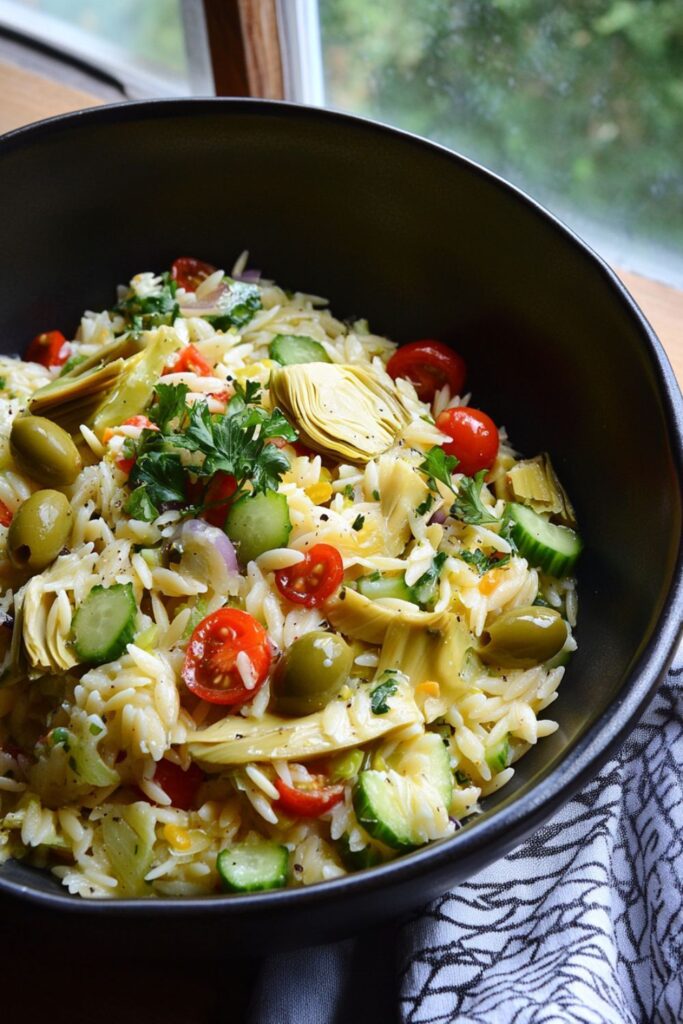 Colorful orzo pasta salad with artichokes, olives, and fresh vegetables in a bowl.