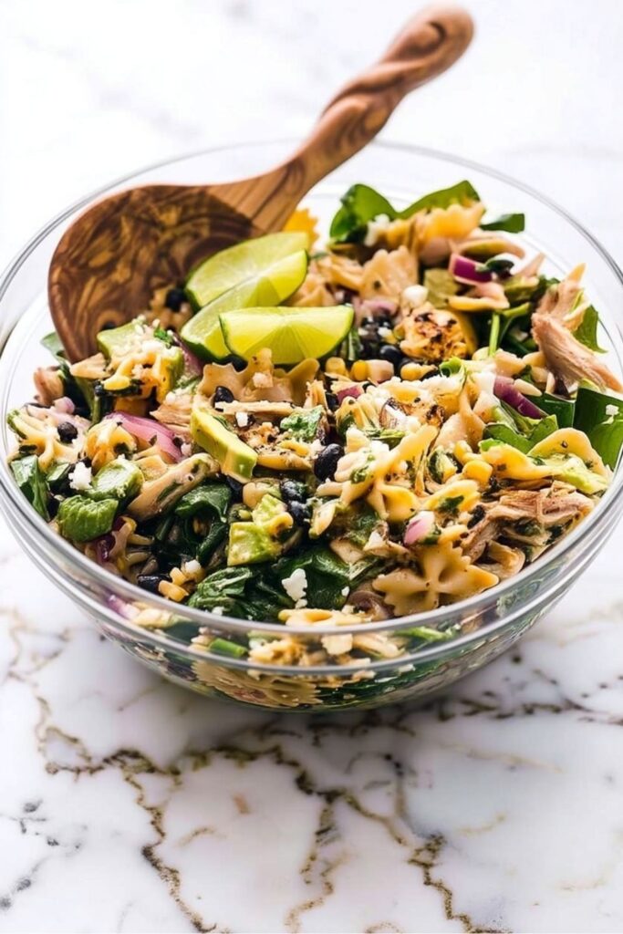 Bowtie pasta salad with grilled corn, black beans, chicken, and fresh avocado.