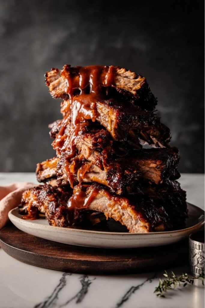 A tall stack of grilled, sauce-covered baby back ribs on a plate