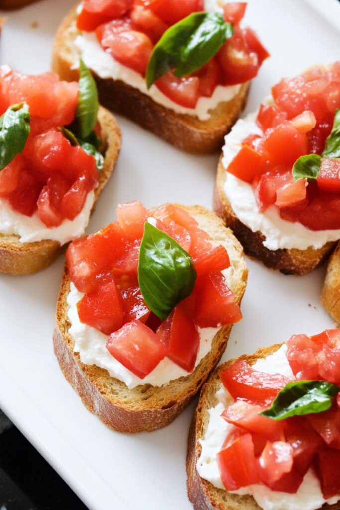Toasted baguette slices topped with cream cheese, diced tomatoes, and fresh basil leaves.