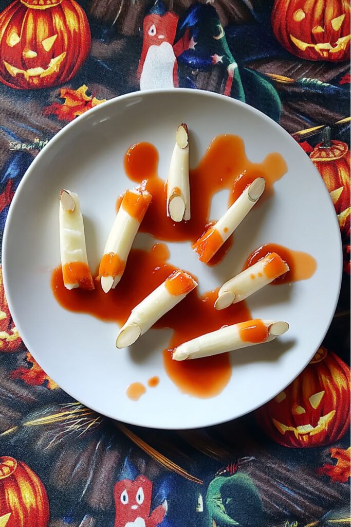 String cheese sticks cut into bloody finger shapes with almond slice nails and hot sauce “blood,” styled as creepy Halloween appetizers and spooky finger foods for Halloween party trays.
