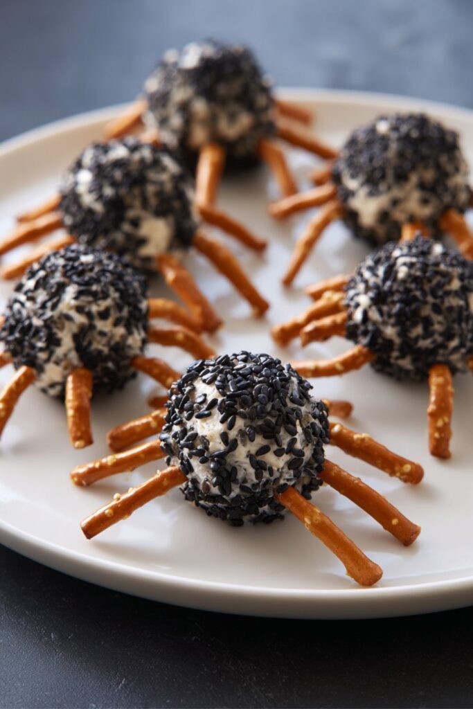 A smooth white plate holding playful Halloween-themed spider cheeseballs. Each spider body is a creamy mix of goat cheese, cream cheese, onion, garlic, and herbs, rolled into round balls and coated in shiny black sesame seeds that give a textured, speckled look. Crunchy pretzel sticks poke out symmetrically from the sides as spindly legs, their golden-brown crispiness contrasting with the dark sesame coating. The plate sits on a sleek dark surface, with soft natural light casting gentle highlights on the glossy seeds and shadows beneath the pretzels, making the snack appear.