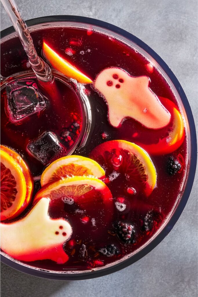 A large punch bowl filled with Halloween batch cocktails made with ghost-shaped apple slices, blood orange rounds, blackberries, and pomegranate seeds floating in red wine punch.