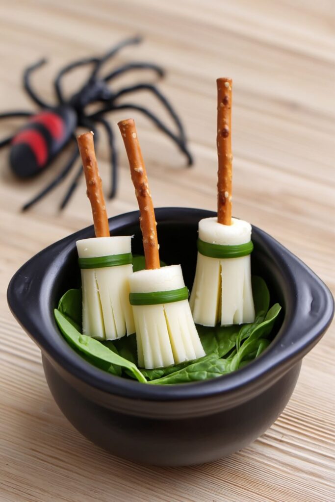 String cheese broomsticks made with pretzel handles and tied with spinach strips, styled as spooky finger foods for Halloween party trays.