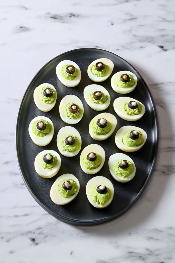 eviled eggs dyed green with black olive slices on top, styled to look like creepy eyeballs, served as spooky finger foods for Halloween party platters.