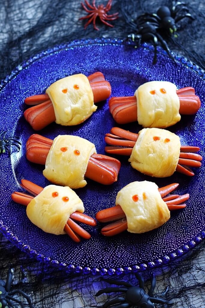 Crescent roll wrapped hotdogs cut into spider shapes with ketchup eyes, baked golden brown and served as spooky finger foods for Halloween party trays.