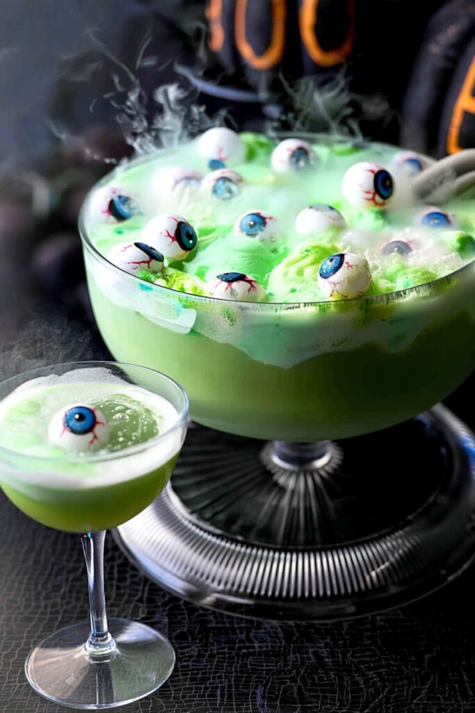 A bubbling green punch bowl filled with Halloween batch cocktails made from lime sherbet, pineapple juice, and ginger ale, garnished with floating plastic eyeballs and smoking dry ice.
