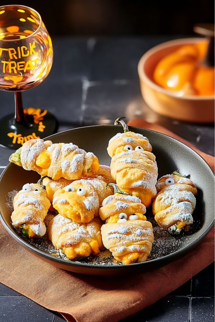 Jalapeño poppers wrapped in crescent roll dough like mummies, filled with cheesy stuffing, and decorated with candy eyeballs as spooky finger foods for Halloween party tables.