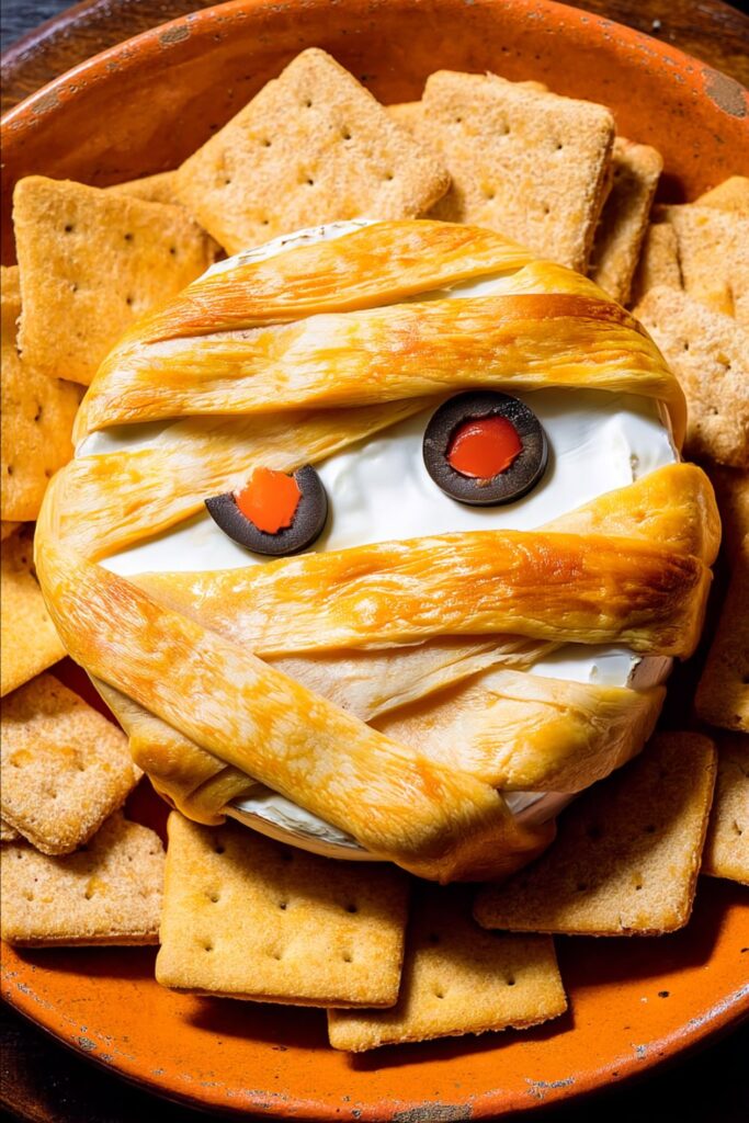 Baked brie wrapped in puff pastry strips to resemble a mummy, decorated with olive and pepperoni eyes, served as a spooky Halloween finger food.