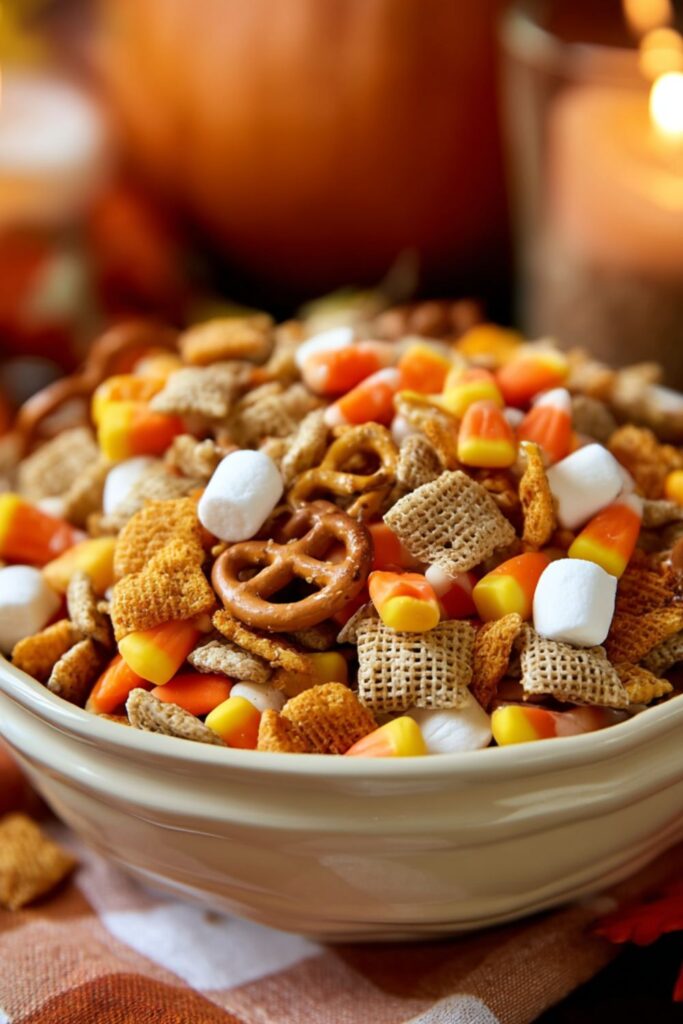 A festive bowl of salty Halloween snacks with Cheez-Its, pretzels, candy corn, marshmallows, and cereals mixed together for a sweet and salty party treat.