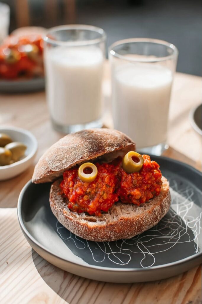Mini whole wheat sliders filled with saucy meatballs, topped with pimento-stuffed olive slices arranged as spooky eyes, making them look like creepy monster sandwiches and perfect salty halloween snacks for a party.