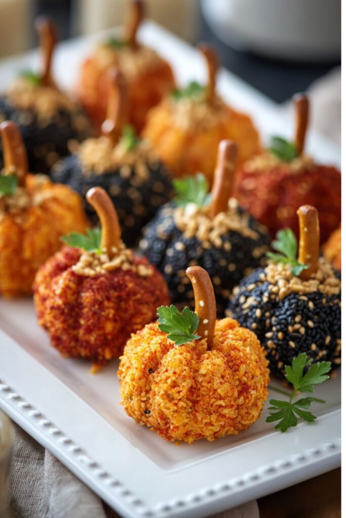 Mini pumpkin-shaped cheese balls coated in nacho chips, paprika, and sesame seeds served as salty Halloween snacks on a white plate.