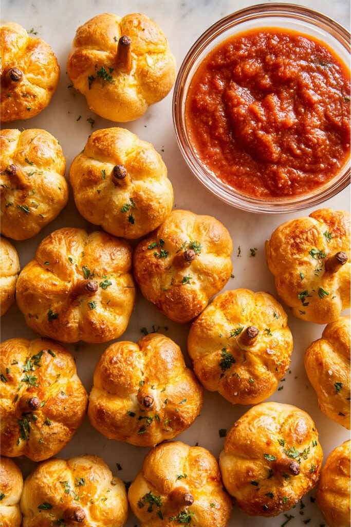 Golden-brown biscuit dough shaped like mini pumpkins, tied with twine before baking and topped with pretzel stick stems, stuffed with cheesy ricotta filling and brushed with garlic butter, served with marinara sauce as salty halloween snacks.