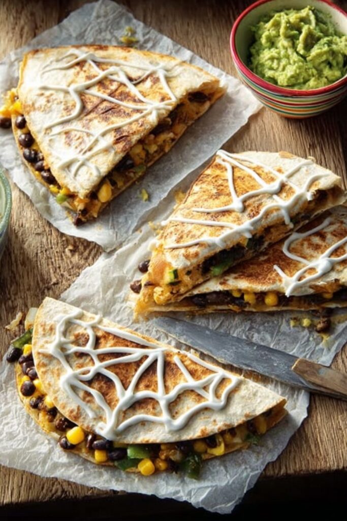 Cheesy quesadilla wedges decorated with sour cream spiderwebs, served with salsa and guacamole as salty halloween snacks.