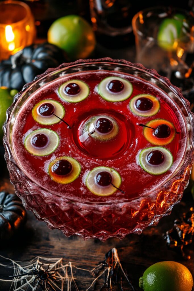 A large punch bowl filled with dark and tropical Halloween batch cocktails made with rum, pineapple juice, and lime, garnished with hollowed lime halves stuffed with cherries to look like floating zombie eyes.