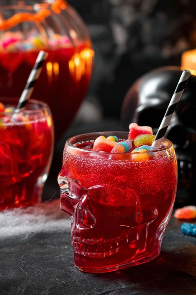 Red punch in skull glasses topped with gummy candies and striped straws.