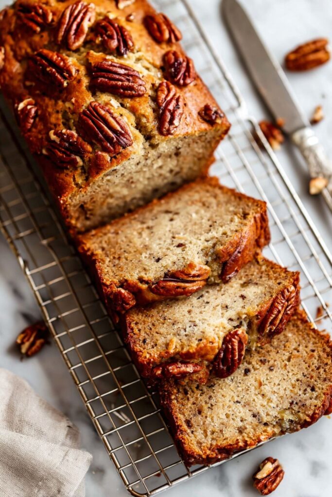 A freshly baked golden-brown banana bread loaf with a cracked top and pecans sprinkled inside, inspired by Ina Garten bread recipes from the best Ina Garten recipes collection.