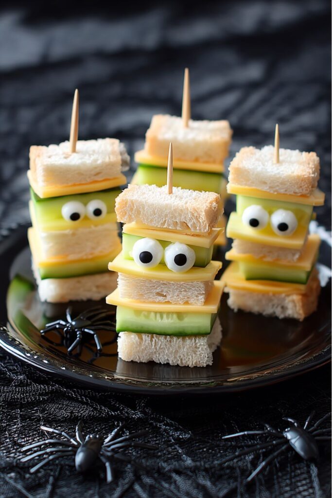 Halloween skewers made with bread squares, cheese slices, cucumber pieces, and candy eyeballs attached with cream cheese, arranged as spooky finger foods on a platter.