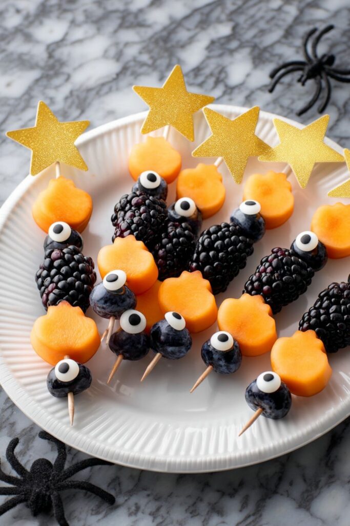 Halloween skewers made with cantaloupe pumpkins, blueberries topped with candy eyeballs, and blackberries, arranged as spooky fruit kabobs on a festive platter.