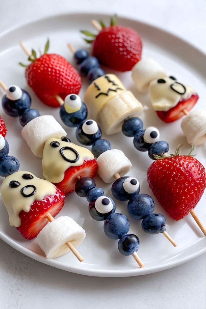 Halloween fruit skewers made with white chocolate–dipped strawberry ghosts, banana ghosts, blueberries, and mini marshmallows, arranged as ghost fruit kabobs on a festive platter.