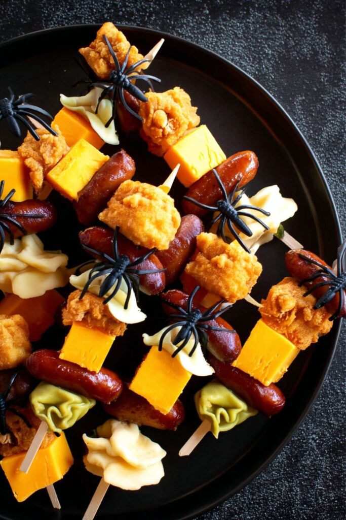 Halloween skewers made with chicken strips, smoked sausages, cheese cubes, and tortellini, decorated with plastic spider rings for a spooky Halloween food design.