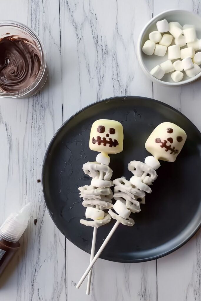 Halloween skewers made with pretzel sticks and marshmallows dipped in white chocolate to look like bones, decorated with black icing skeleton faces, arranged on wax paper.