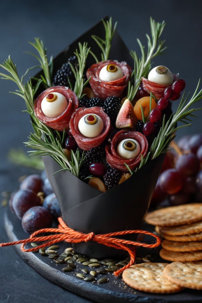 Halloween skewers made with salami roses, mozzarella pearls filled with pimento olives as eyeballs, and assorted fruit, arranged in a spooky bouquet-style platter.