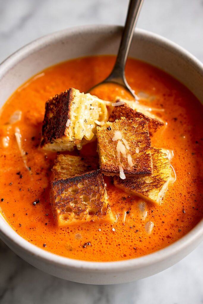 A bowl of creamy tomato soup from the best Ina Garten recipes, topped with golden grilled cheese croutons, served on a marble countertop.