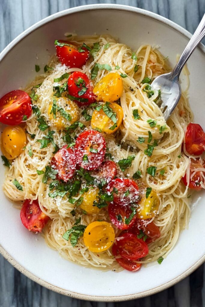 A large bowl of angel hair pasta tossed with cherry tomatoes, fresh basil, garlic, and Parmesan cheese, inspired by Ina Garten pasta recipes from the best Ina Garten recipes collection.