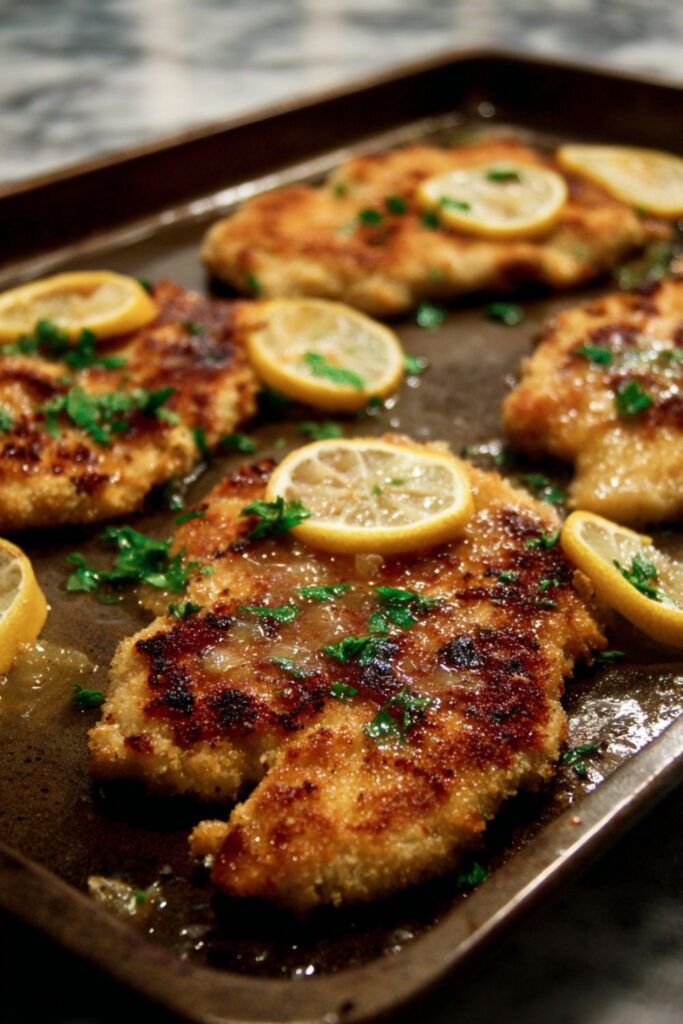 Golden brown chicken piccata served with a lemon-butter sauce, fresh parsley garnish, and lemon slices, styled as one of the best Ina Garten recipes.