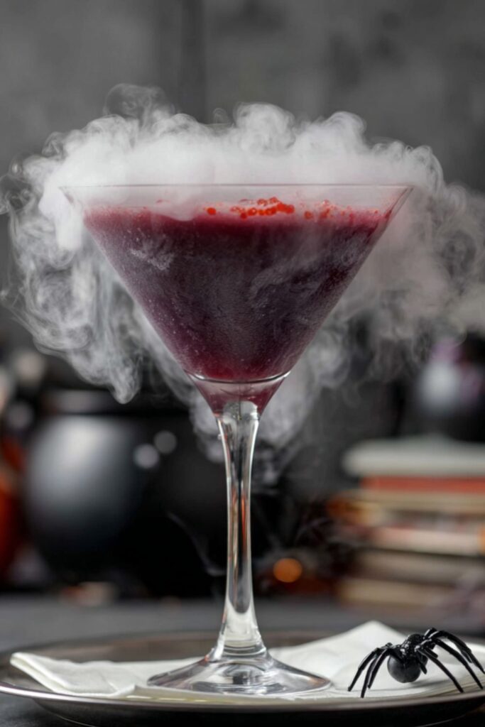 Smoky purple martini in a glass garnished with floating red beads.