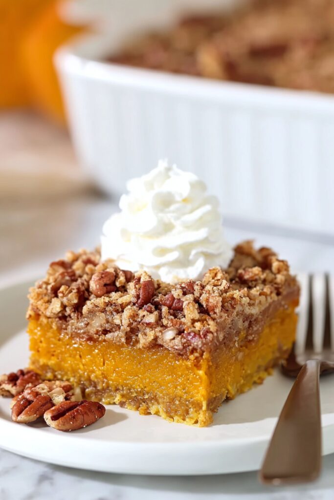 A golden pumpkin dump cake topped with crunchy pecans, served warm in a baking dish as one of the simple Thanksgiving desserts.