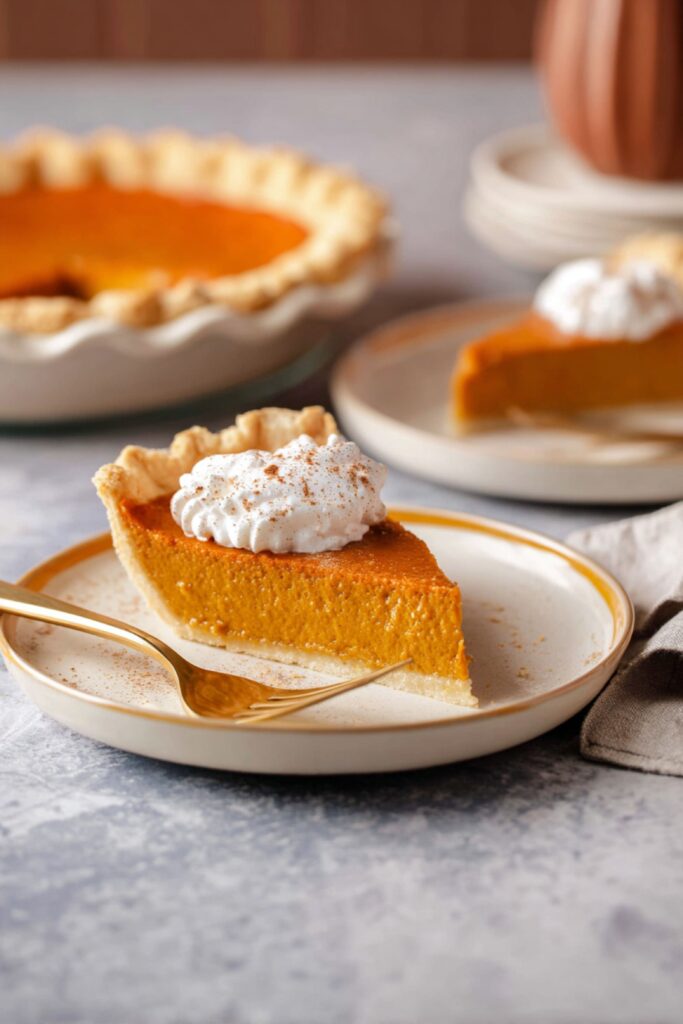A creamy bourbon pumpkin pie with golden crust, topped with whipped cream, served as one of the simple Thanksgiving desserts.