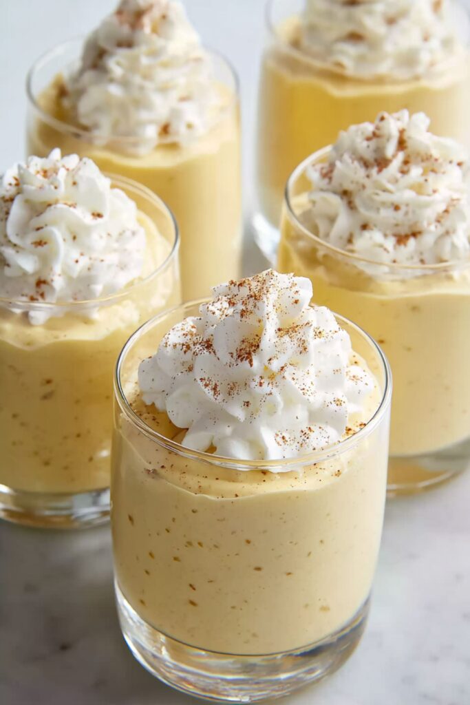 Creamy pumpkin mousse served in small ramekins, topped with whipped cream, perfect for simple Thanksgiving desserts.