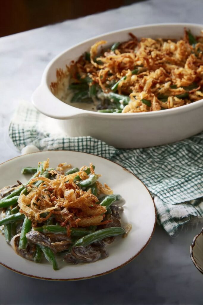 A golden-baked green bean casserole topped with crispy panko breadcrumbs and fried onions, served in a white baking dish on a marble countertop, from the best Ina Garten recipes.