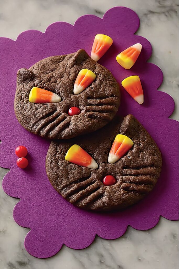 A tray of Halloween brownies shaped like cats, decorated with candy corn eyes and red candy noses, perfect for a halloween bake sale display.