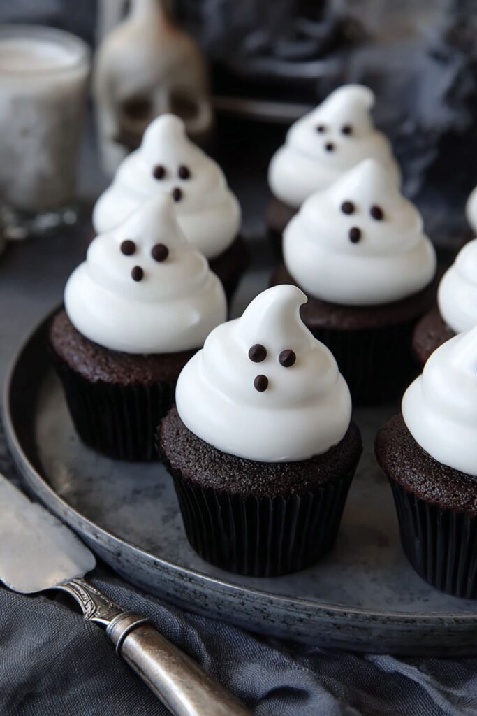 Chocolate cupcakes topped with fluffy white meringue piped into ghost shapes, decorated with tiny chocolate eyes and mouths, styled as halloween party sweet treats for a halloween bake sale.