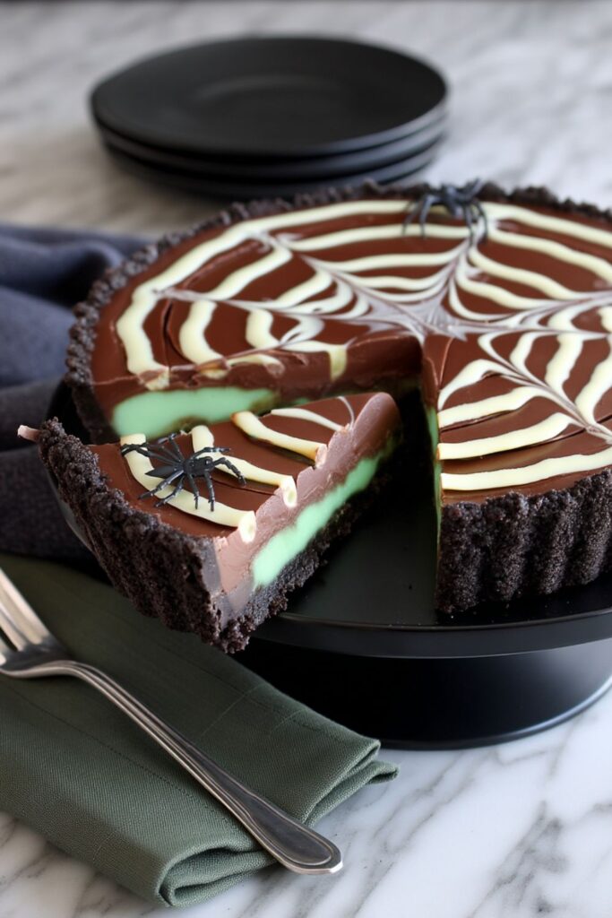 A chocolate tart with a green mint filling, topped with glossy ganache and decorated with a white chocolate spiderweb design, styled as halloween desserts brownies for a halloween bake sale.