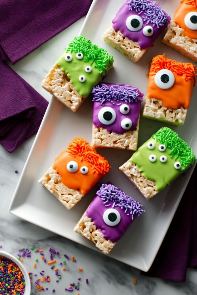 Rice Krispies treats dipped in colorful candy melts and decorated with candy eyeballs and sprinkles, styled as cute monster Halloween baked treats easy enough for a halloween bake sale.