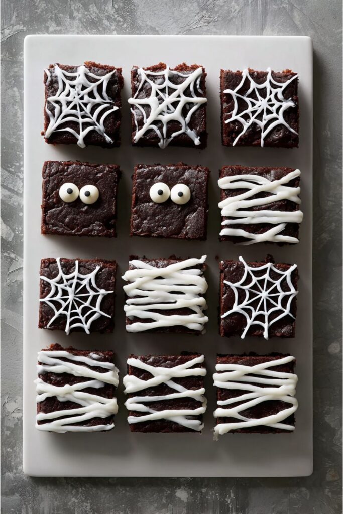 Chocolate brownies decorated with white royal icing in spiderweb and mummy designs, topped with candy eyeballs, styled as halloween desserts for bake sale displays.