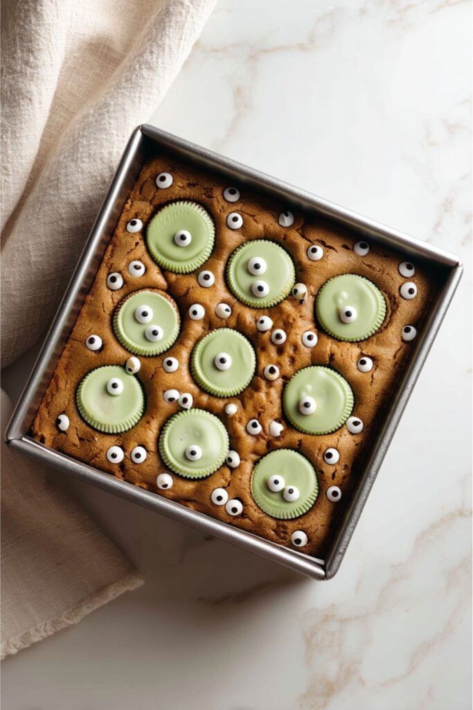 Peanut butter blondie bars baked with green Reese’s Franken-Cups and candy eyes, styled as cute halloween brownies for a halloween bake sale.