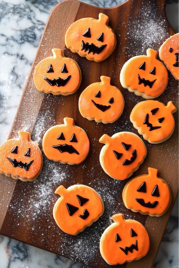 Pumpkin-shaped sugar cookies decorated with orange fondant and black icing details, styled as cute halloween brownies and halloween party sweet treats for a halloween bake sale.