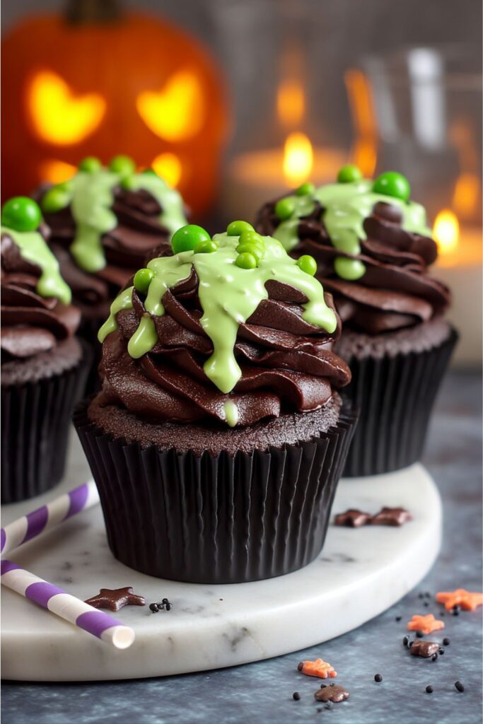 Black chocolate cupcakes filled with green ganache, topped with dark buttercream and dripping green slime, styled as spooky halloween desserts for bake sale tables.
