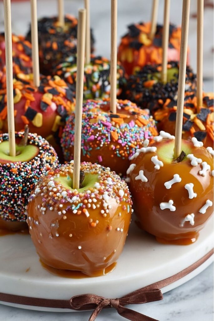 Glossy toffee apples on sticks, some coated with colorful sprinkles, displayed as festive halloween desserts for bake sale tables.