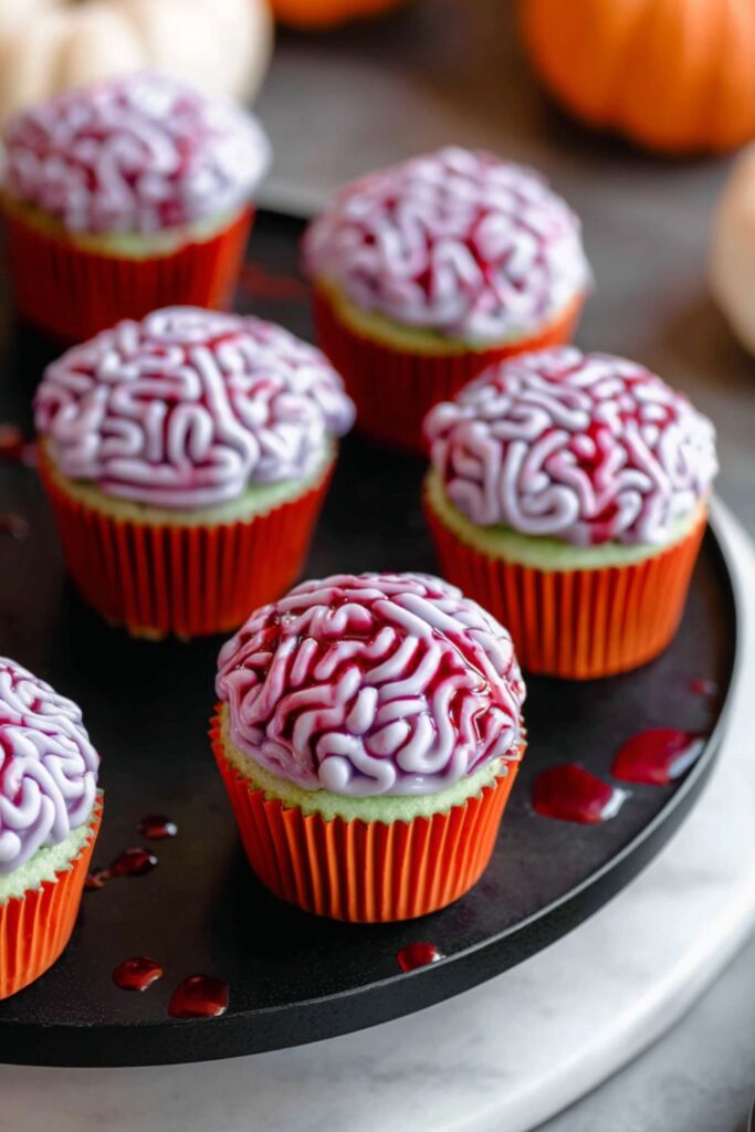 Strawberry cupcakes decorated with pink frosting piped to look like zombie brains, drizzled with strawberry syrup “blood,” styled as halloween desserts for bake sale displays.