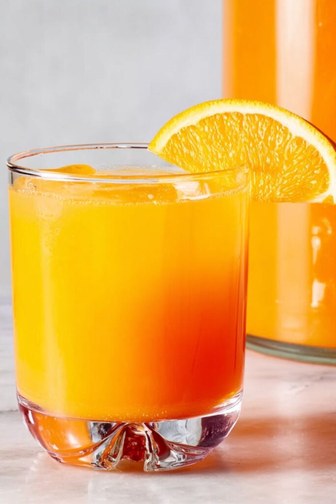 Glass of vibrant orange punch garnished with a fresh slice.
