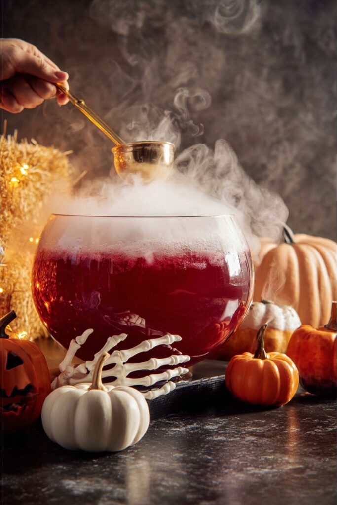 A pumpkin-shaped punch bowl filled with deep red Halloween batch cocktails made with cranberry juice, apple cider, grenadine, and spiced rum, topped with ginger ale and a floating frozen hand-shaped ice cube.