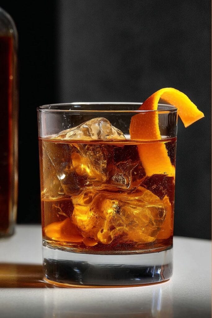 A glass of bourbon cold brew cocktail with ice, an orange peel garnish, and a smoky finish, styled as one of the best Halloween coffee drinks for adults.