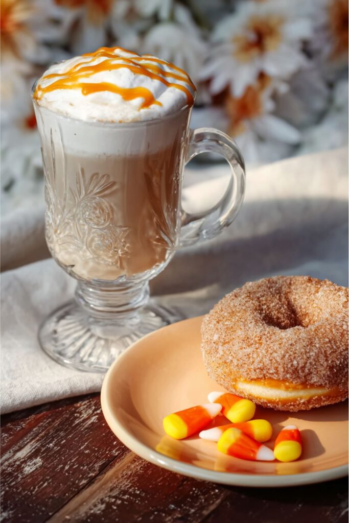 A glass mug of candy corn latte made with orange syrup, steamed milk, espresso, and topped with foam, garnished with whipped cream and candy corn for a festive Halloween coffee drink.